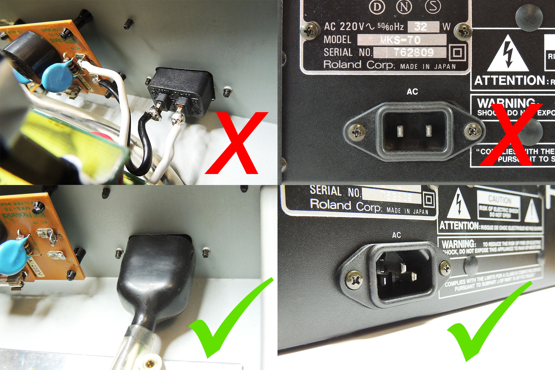 It is paramount that if fitted, a 2-pin IEC mains socket be replaced with a 3-pin IEC mains socket and that the chassis and the P0004 are connected to earth.