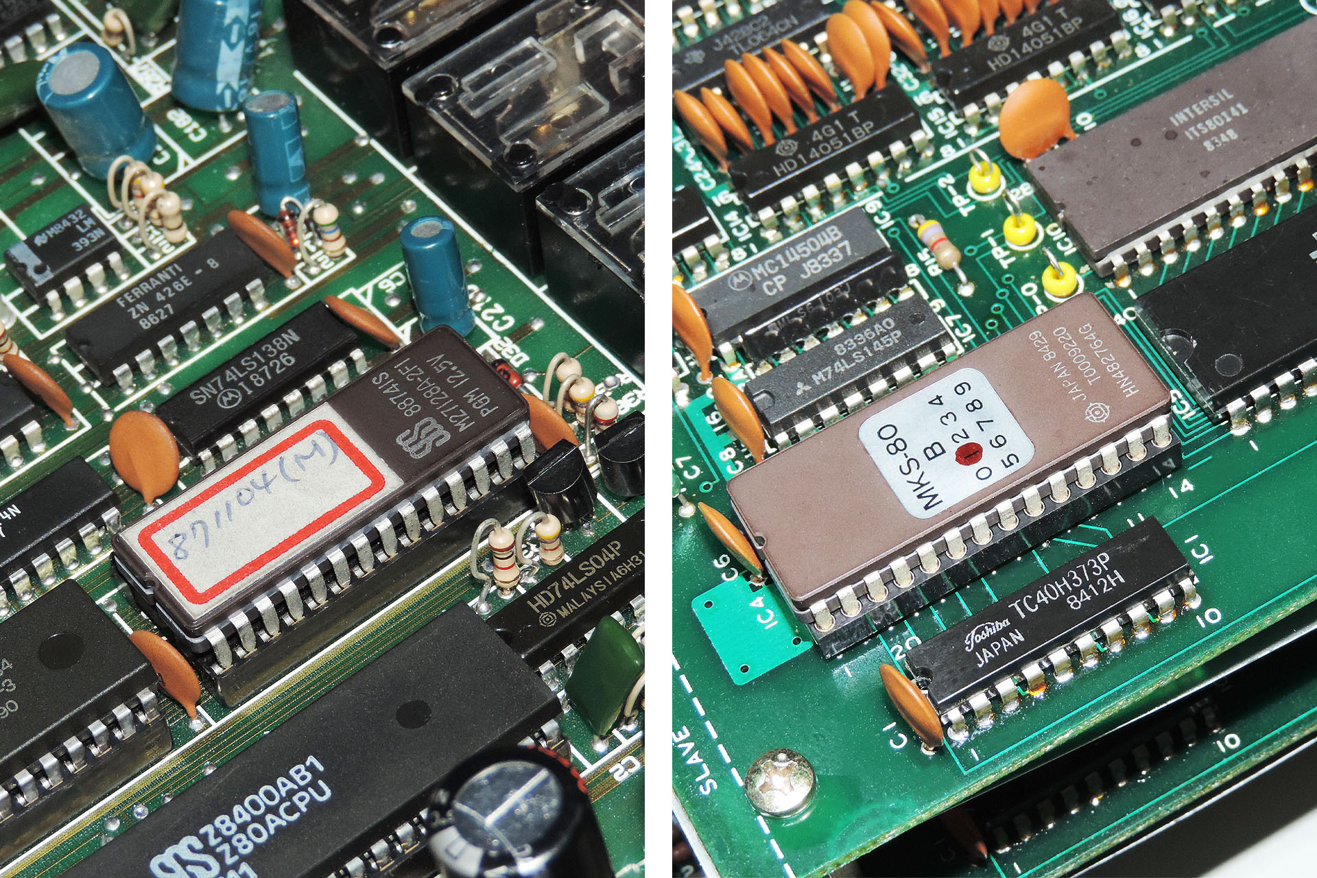 Firmware EPROMs in Sound Lab SST-19 (left) and on Roland MKS-80 voice-board (right)
