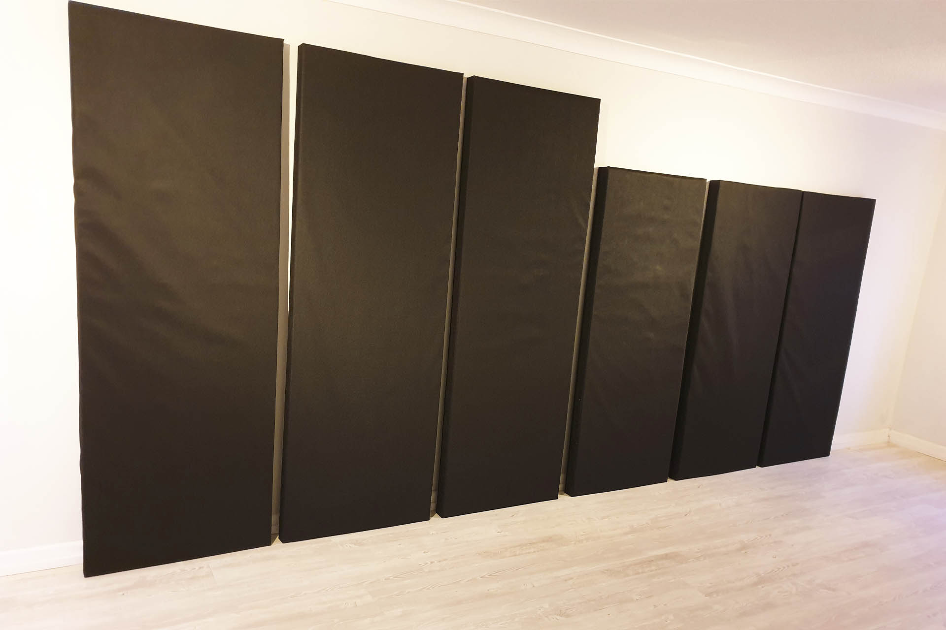 All six DIY acoustic panels now covered with weed membrane
