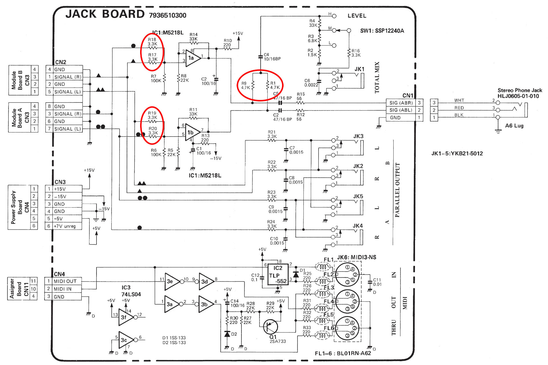 MKS-70 jack-board schematic showing potential for crosstalk