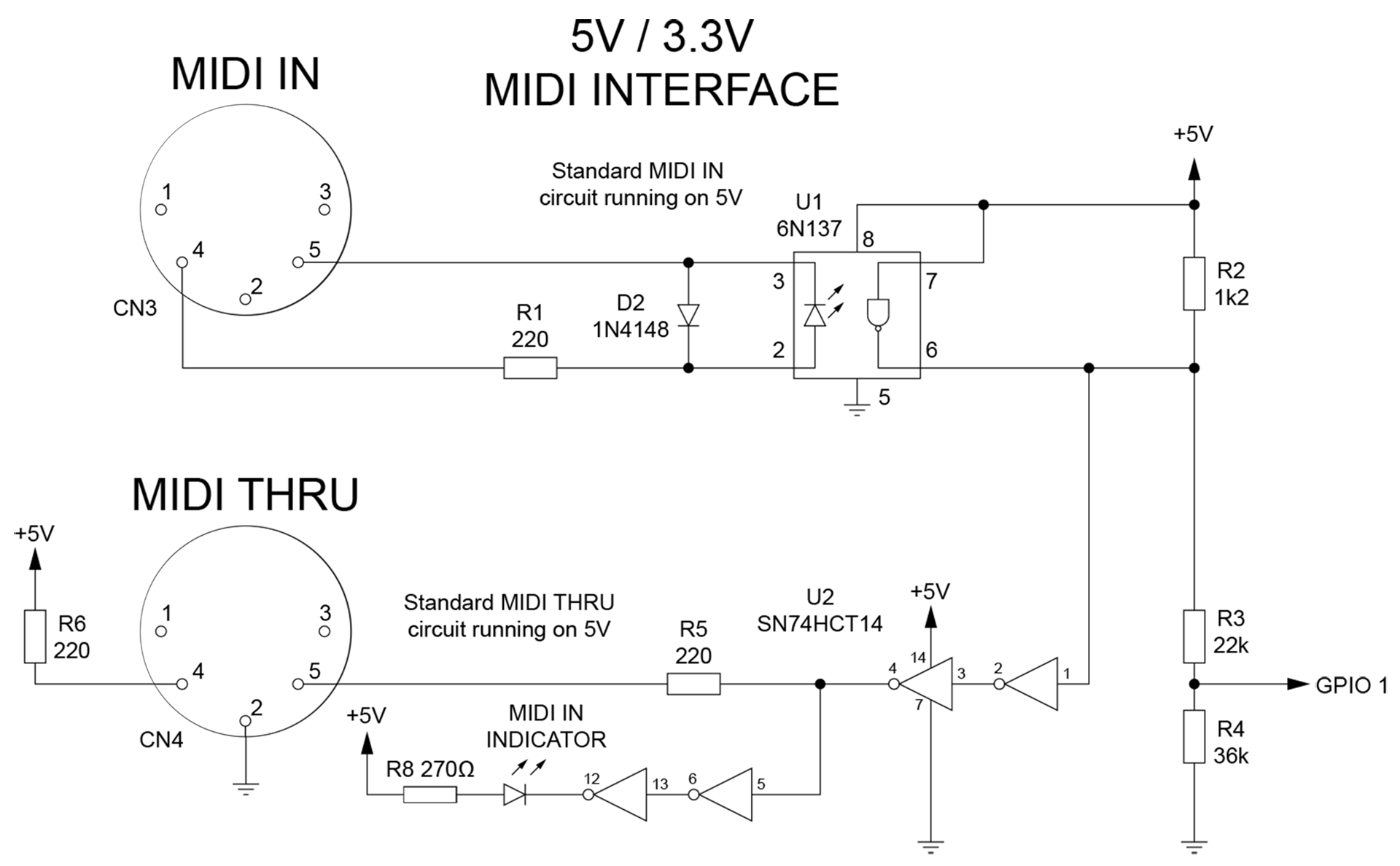 Gary 7 5V to 3.3V MIDI circuit